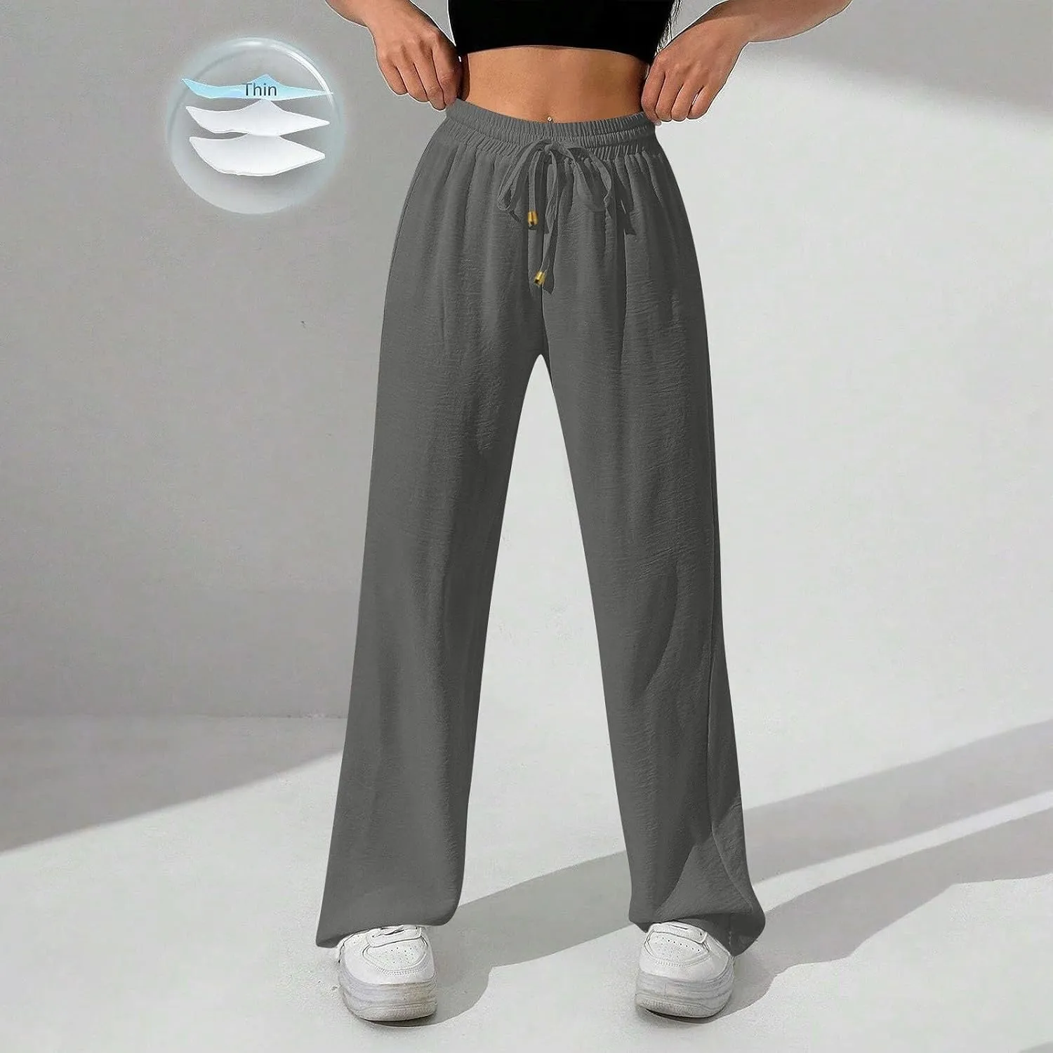 Wide Leg Pants Women Casual Linen Pants Drawstring Elastic Waist Summer Cute Pant Lounge Trouser with Pockets