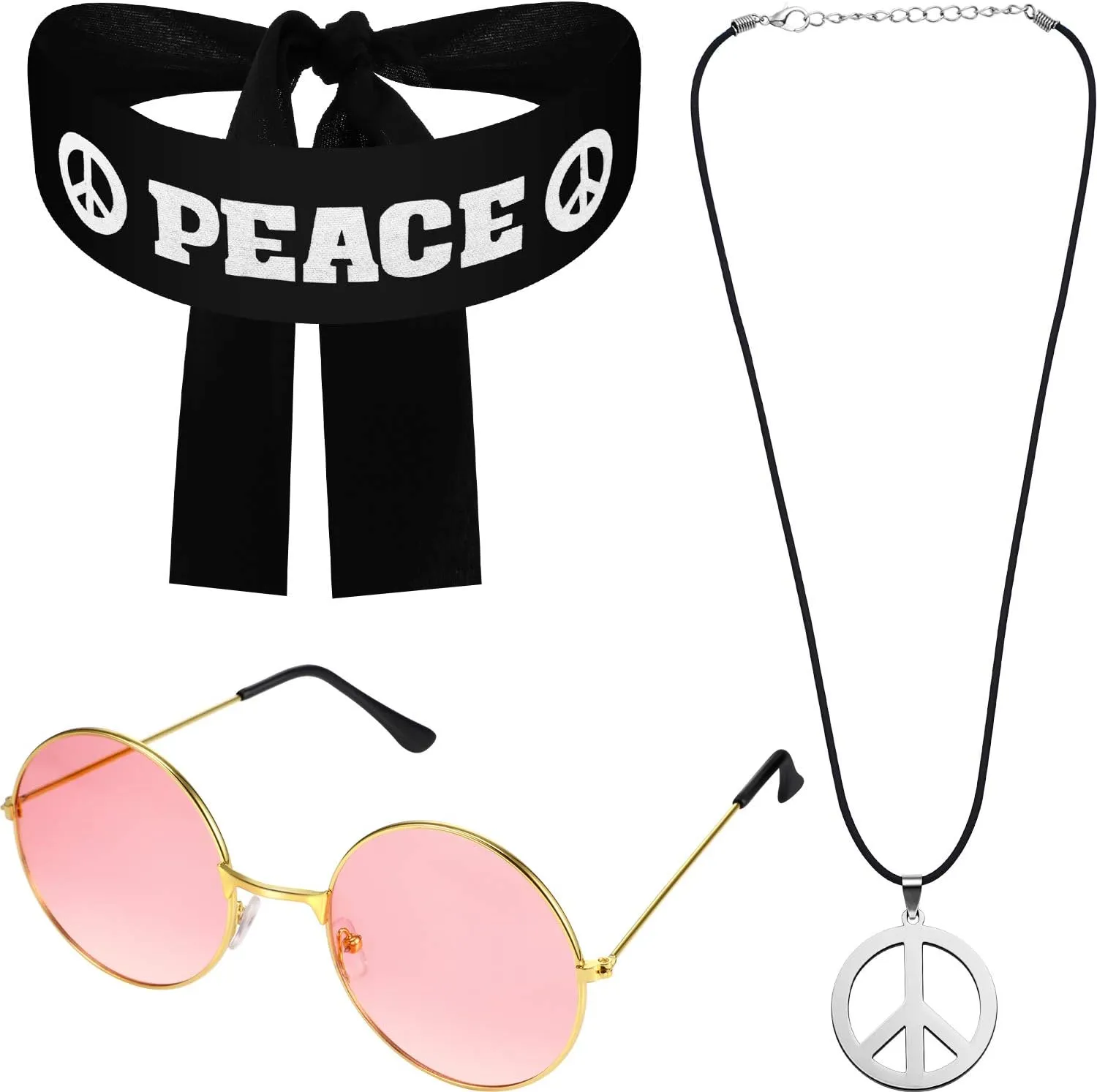 WILLBOND 3 Pcs Hippie Costume Set 70s Accessories for Women Hippie Headband Peace Sign Necklace Sunglasses Peace Sign for Men 60s 70s Accessories Halloween Theme Party Carnival Costume Cosplay