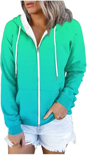 Winter Coats for Women Full Zip Drawstring Hoodies Gradient Long Sleeve Fall Jackets with Pockets Outdoor