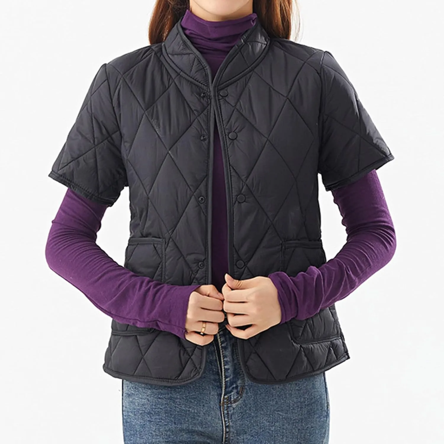 Winter Coats Womens Lightweight Short Sleeve Two Pockets Down Jacket (Available In Plus Size) Women Lightweight