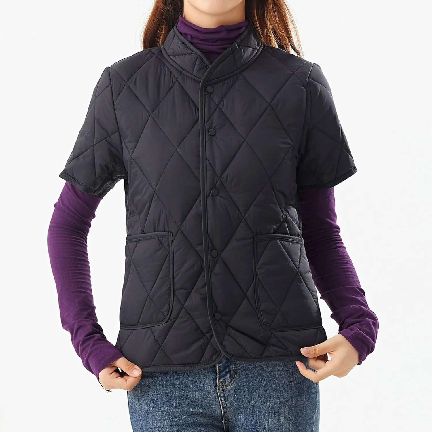 Winter Coats Womens Lightweight Short Sleeve Two Pockets Down Jacket (Available In Plus Size) Women Lightweight