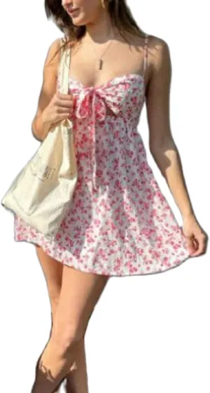 Women Boho Spaghetti Strap Mini Dress Floral Open Back Camisole Short Dress A-Line Sun Dress Summer Beach Dress