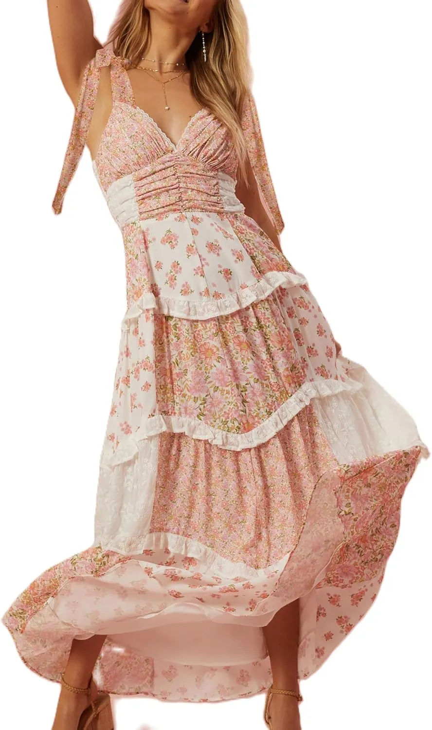 Women Bow Tie Shoulder Boho Maxi Dress Y2k Sleeveless Floral Flowy Long Dresses Smocked Swing Summer Beach Sundress