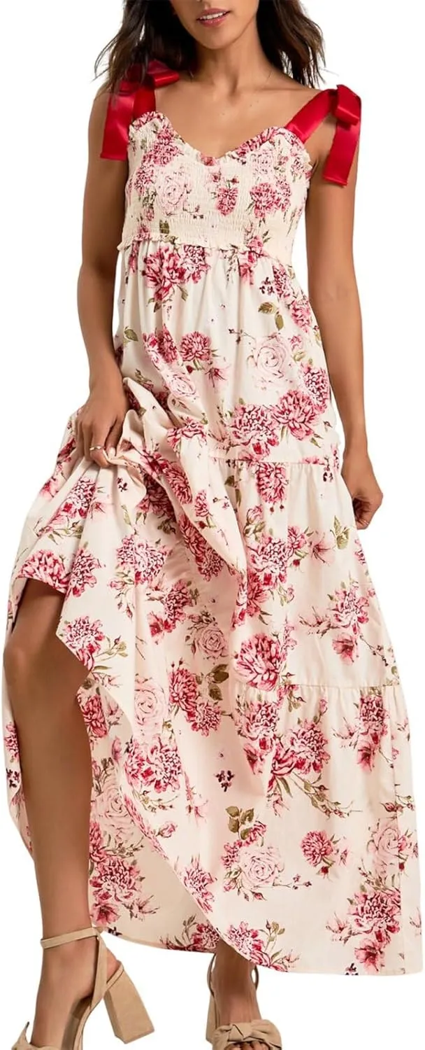 Women Bow Tie Shoulder Boho Maxi Dress Y2k Sleeveless Floral Flowy Long Dresses Smocked Swing Summer Beach Sundress