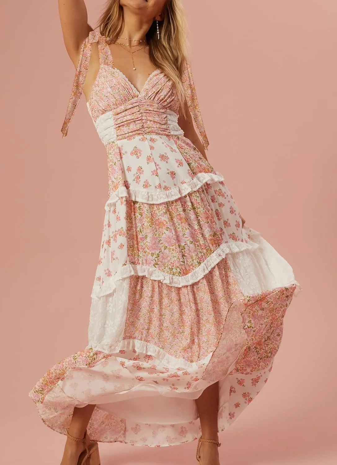 Women Bow Tie Shoulder Boho Maxi Dress Y2k Sleeveless Floral Flowy Long Dresses Smocked Swing Summer Beach Sundress