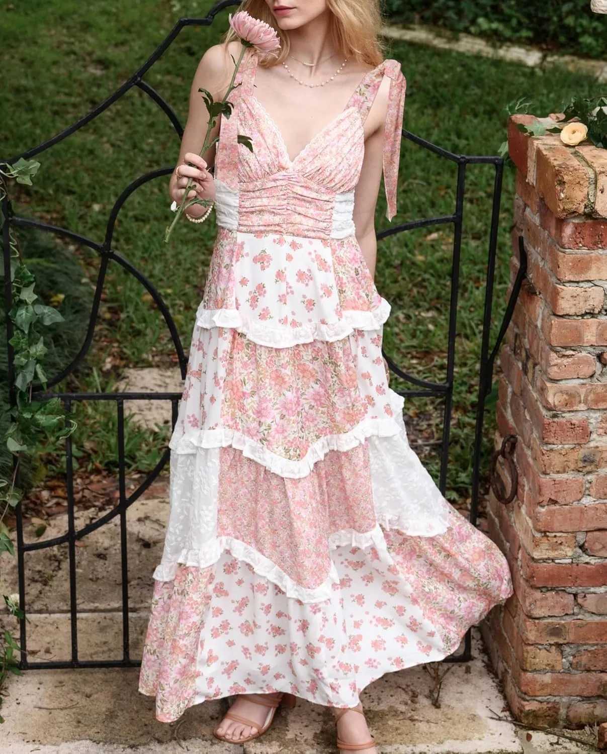 Women Bow Tie Shoulder Boho Maxi Dress Y2k Sleeveless Floral Flowy Long Dresses Smocked Swing Summer Beach Sundress