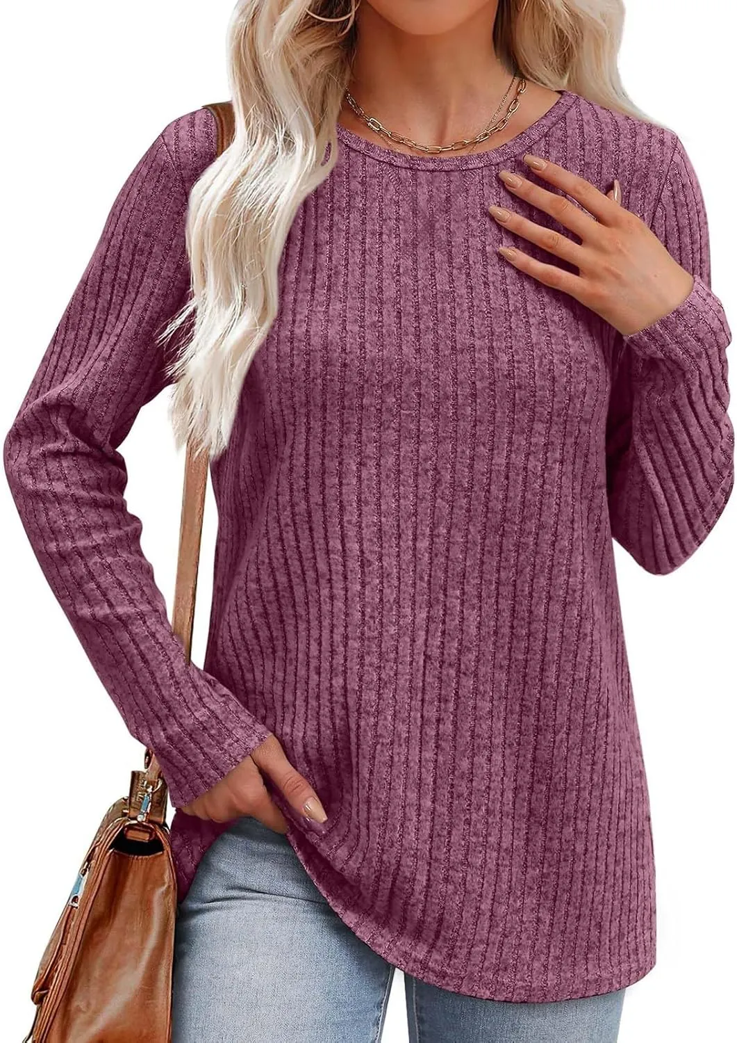Women Casual Knit Sweaters Long Sleeve Shirts for Women Tunic Tops Dressy Pullovers Fashion Basic Lightweight Blouses