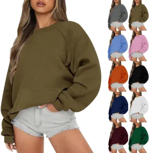 Women Crew Neck Sweatshirts Drop Shoulder Fleece Oversized Sweatshirt Long Sleeve Casual Loose Pullover Fall Sweater