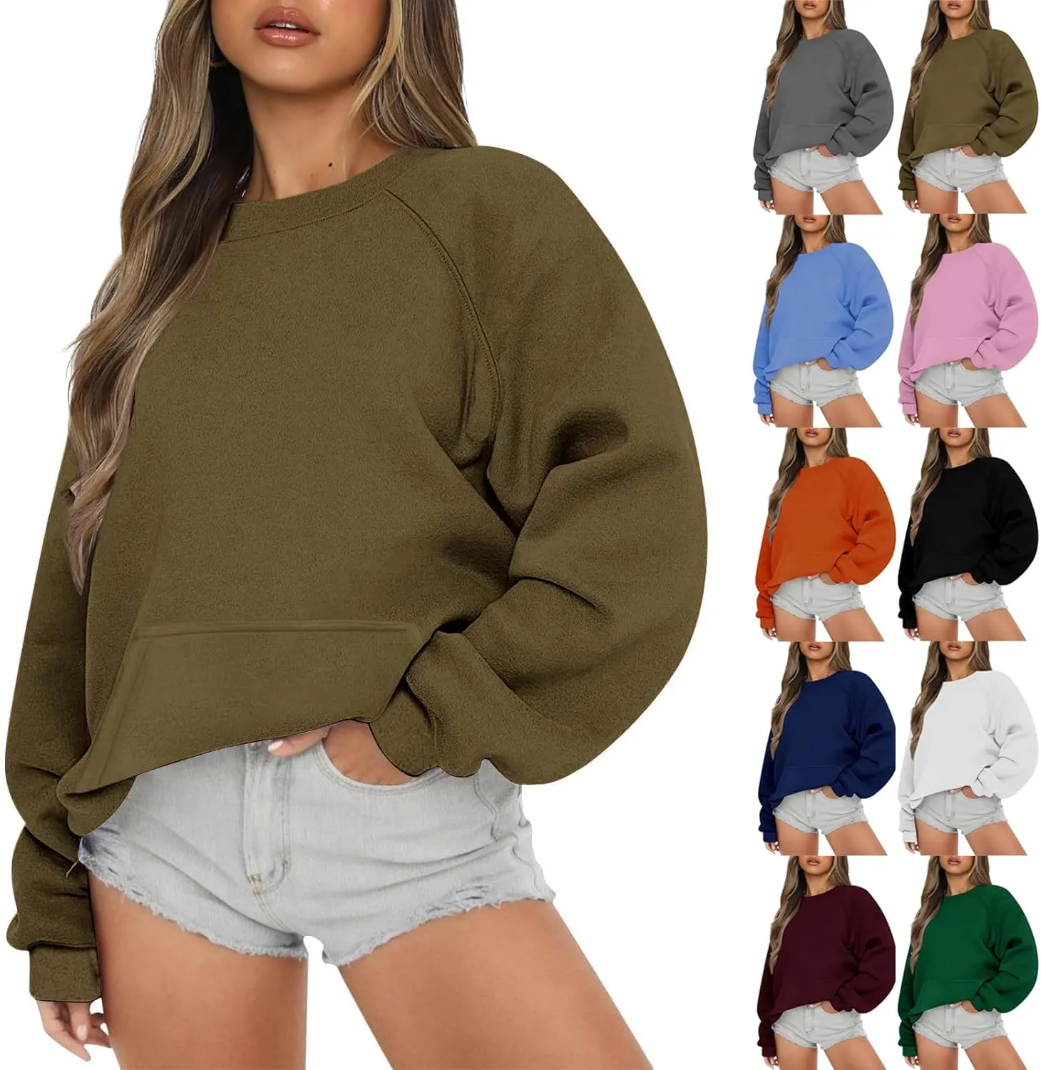 Women Crew Neck Sweatshirts Drop Shoulder Fleece Oversized Sweatshirt Long Sleeve Casual Loose Pullover Fall Sweater