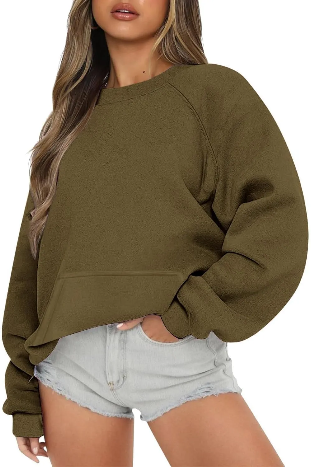 Women Crew Neck Sweatshirts Drop Shoulder Fleece Oversized Sweatshirt Long Sleeve Casual Loose Pullover Fall Sweater