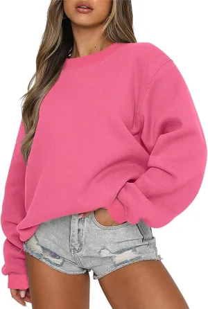 Women Crew Neck Sweatshirts Drop Shoulder Fleece Oversized Sweatshirts Long Sleeve Casual Loose Pullover Cozy Sweater