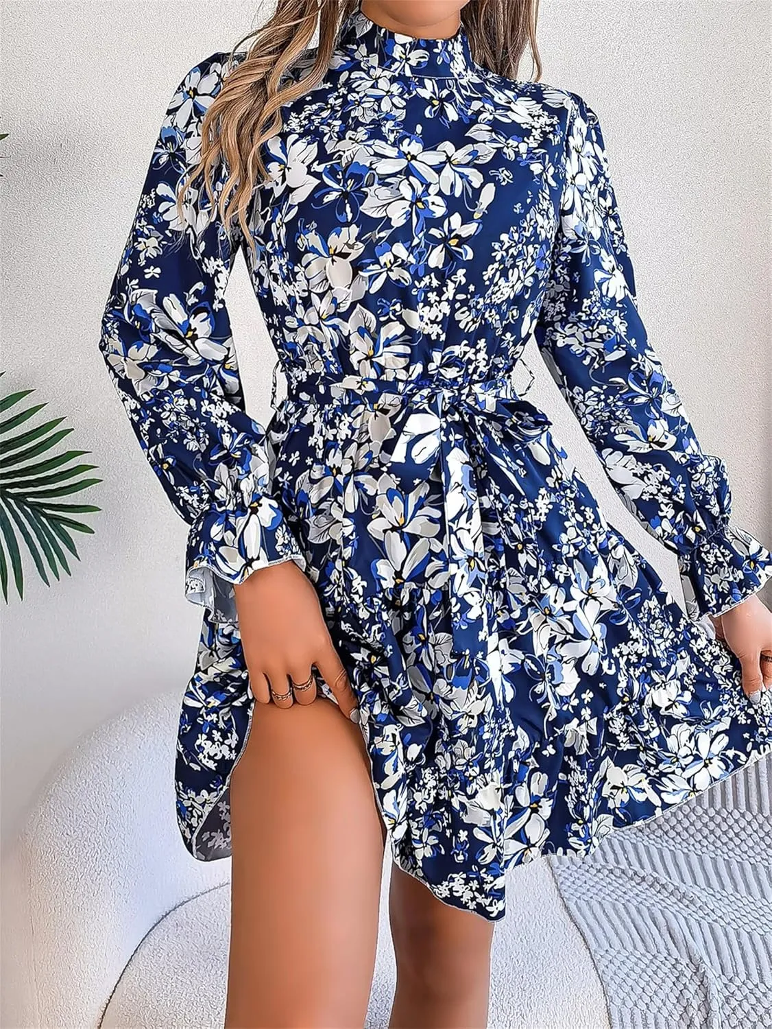 Women Fashion Summer Dress Casual Long Sleeve Flowy Dress Boho Floral Mini Dress Elegant Cocktail Dress Beach Dress