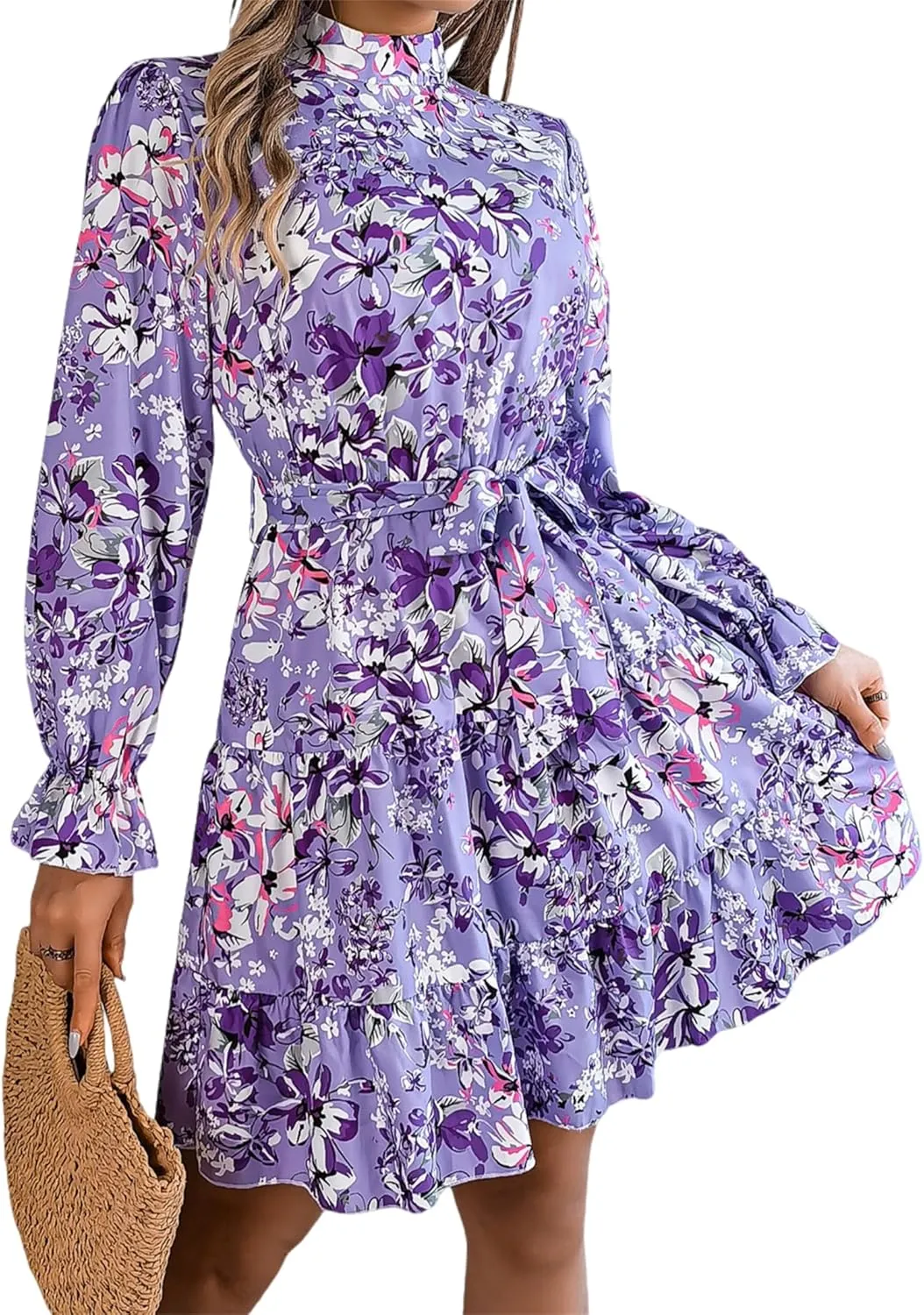 Women Fashion Summer Dress Casual Long Sleeve Flowy Dress Boho Floral Mini Dress Elegant Cocktail Dress Beach Dress
