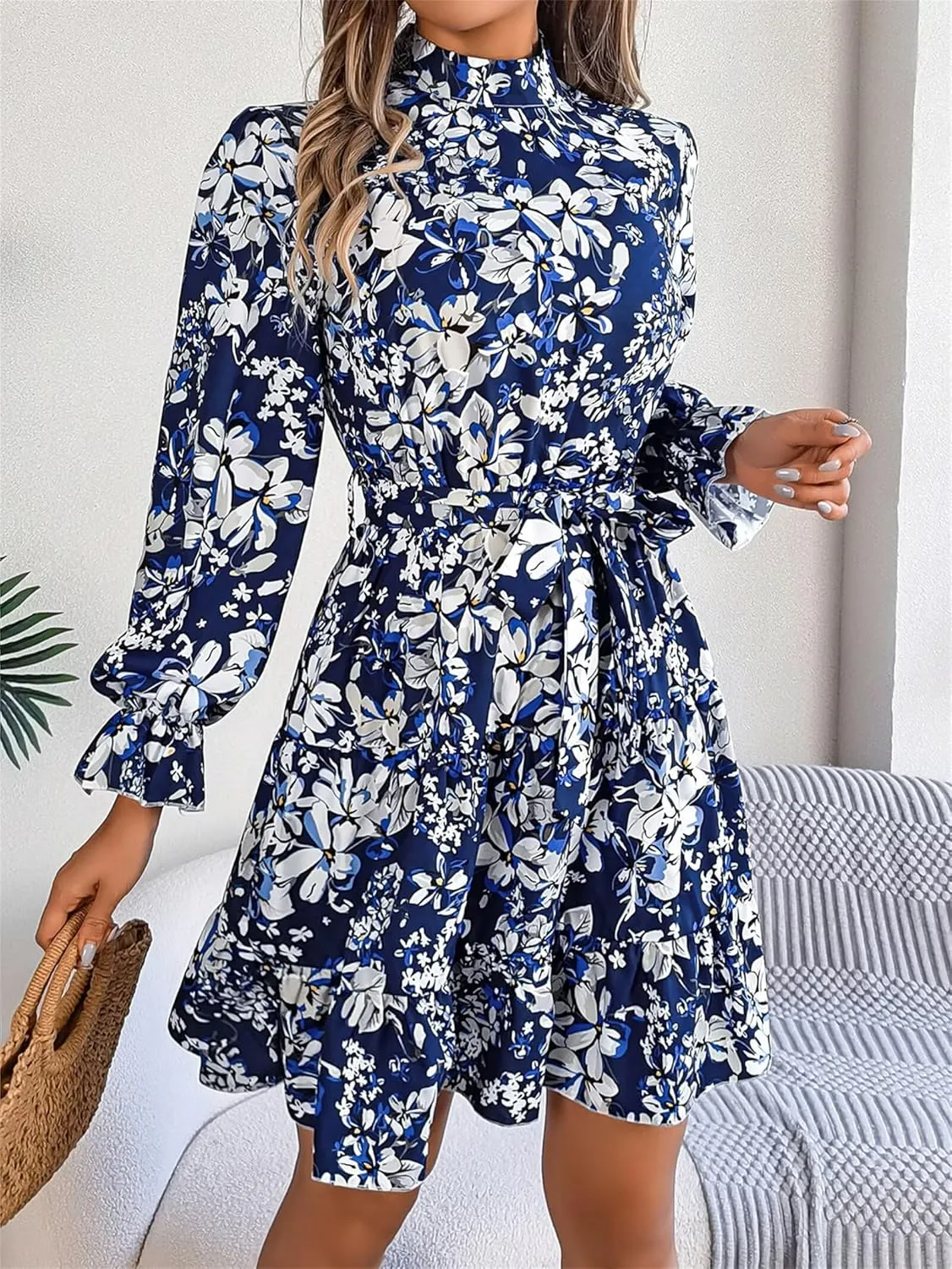 Women Fashion Summer Dress Casual Long Sleeve Flowy Dress Boho Floral Mini Dress Elegant Cocktail Dress Beach Dress