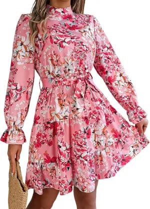 Women Fashion Summer Dress Casual Long Sleeve Flowy Dress Boho Floral Mini Dress Elegant Cocktail Dress Beach Dress