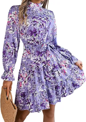 Women Fashion Summer Dress Casual Long Sleeve Flowy Dress Boho Floral Mini Dress Elegant Cocktail Dress Beach Dress