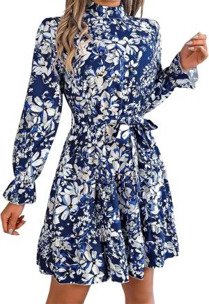 Women Fashion Summer Dress Casual Long Sleeve Flowy Dress Boho Floral Mini Dress Elegant Cocktail Dress Beach Dress
