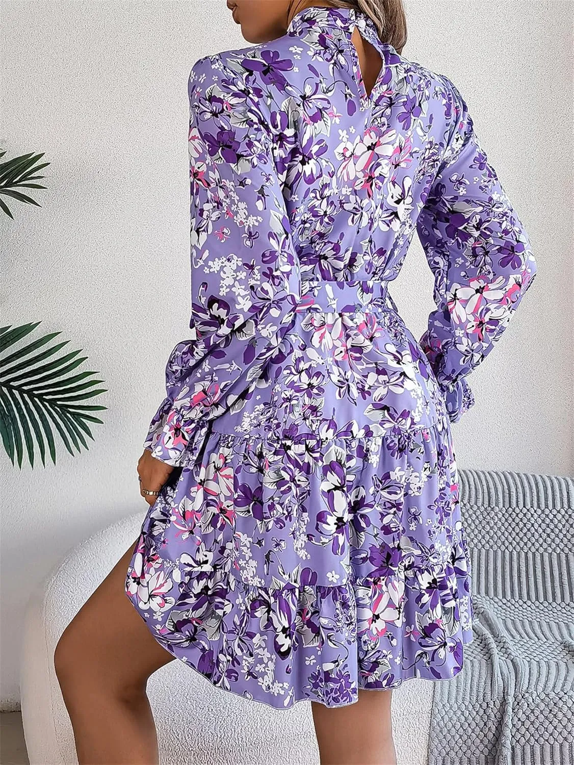 Women Fashion Summer Dress Casual Long Sleeve Flowy Dress Boho Floral Mini Dress Elegant Cocktail Dress Beach Dress
