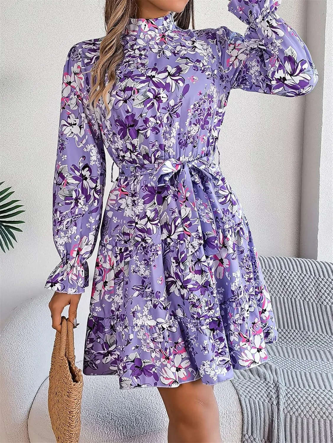 Women Fashion Summer Dress Casual Long Sleeve Flowy Dress Boho Floral Mini Dress Elegant Cocktail Dress Beach Dress