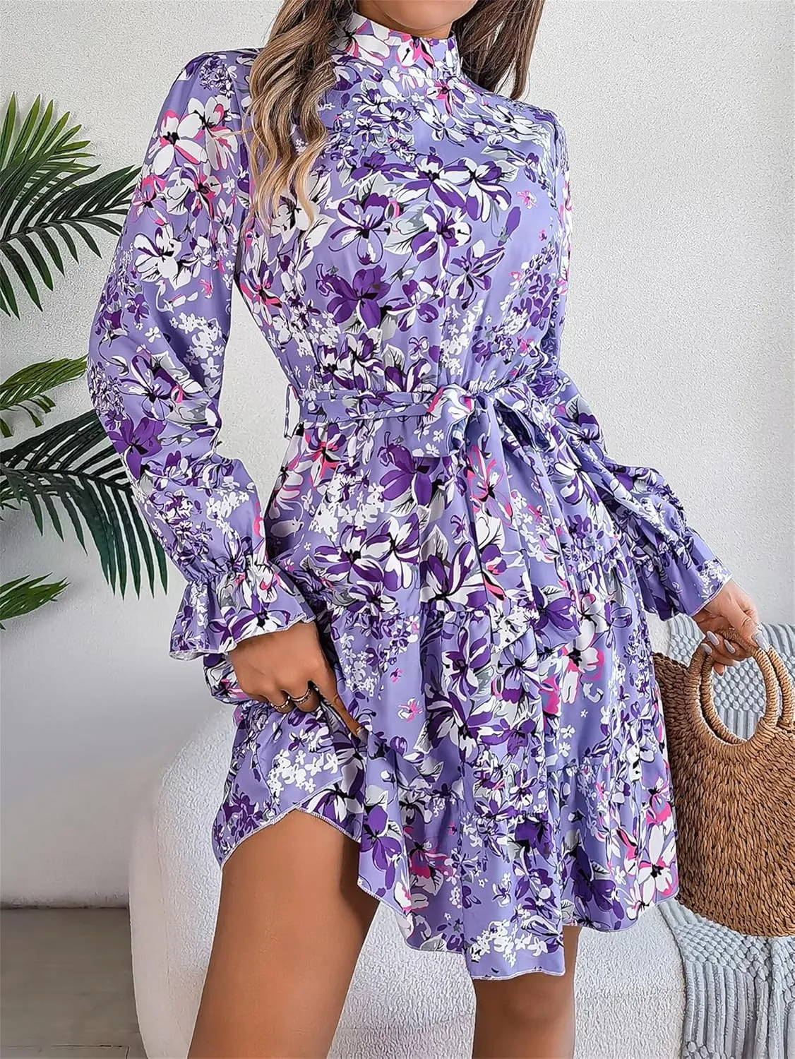 Women Fashion Summer Dress Casual Long Sleeve Flowy Dress Boho Floral Mini Dress Elegant Cocktail Dress Beach Dress