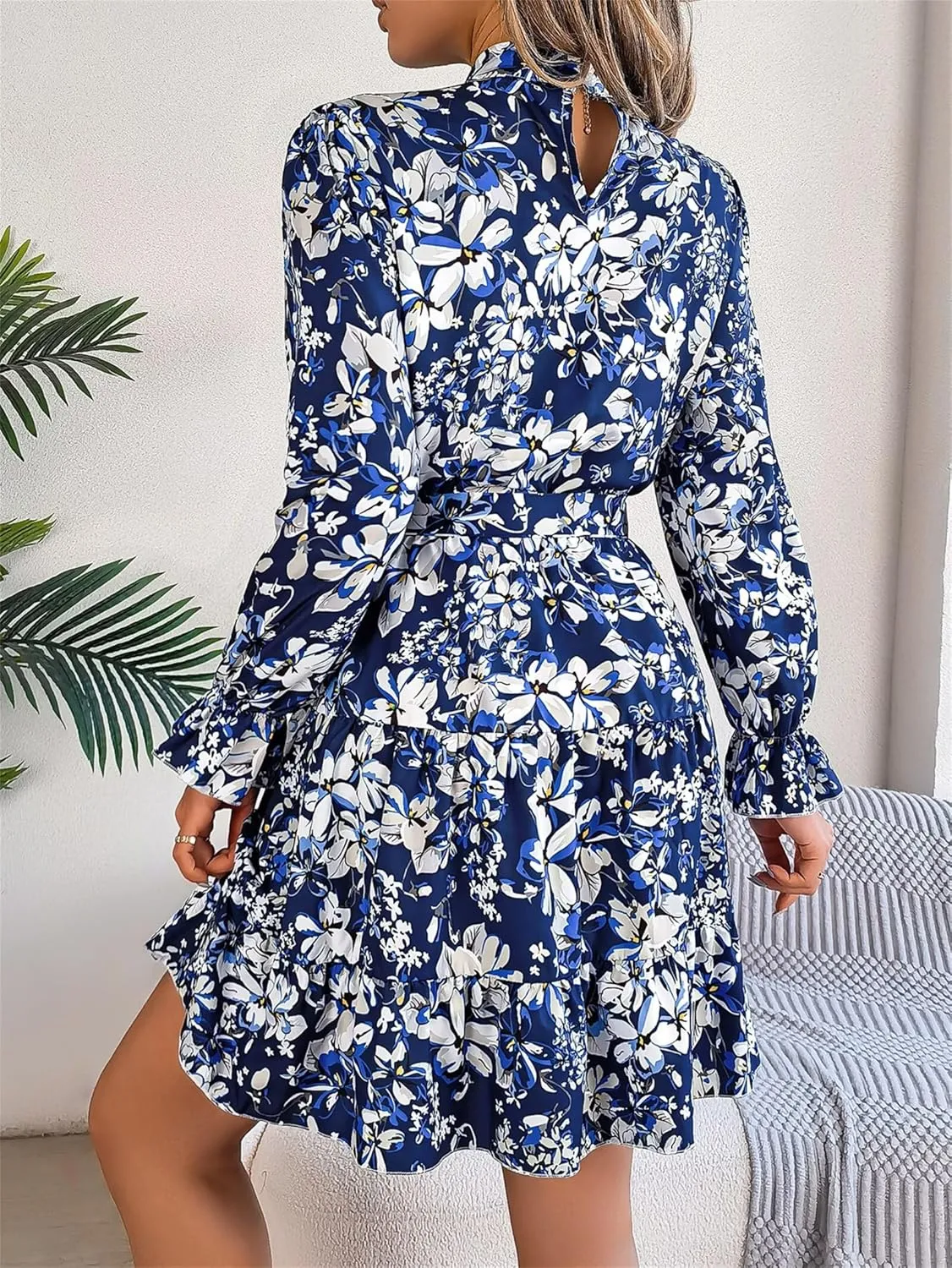 Women Fashion Summer Dress Casual Long Sleeve Flowy Dress Boho Floral Mini Dress Elegant Cocktail Dress Beach Dress