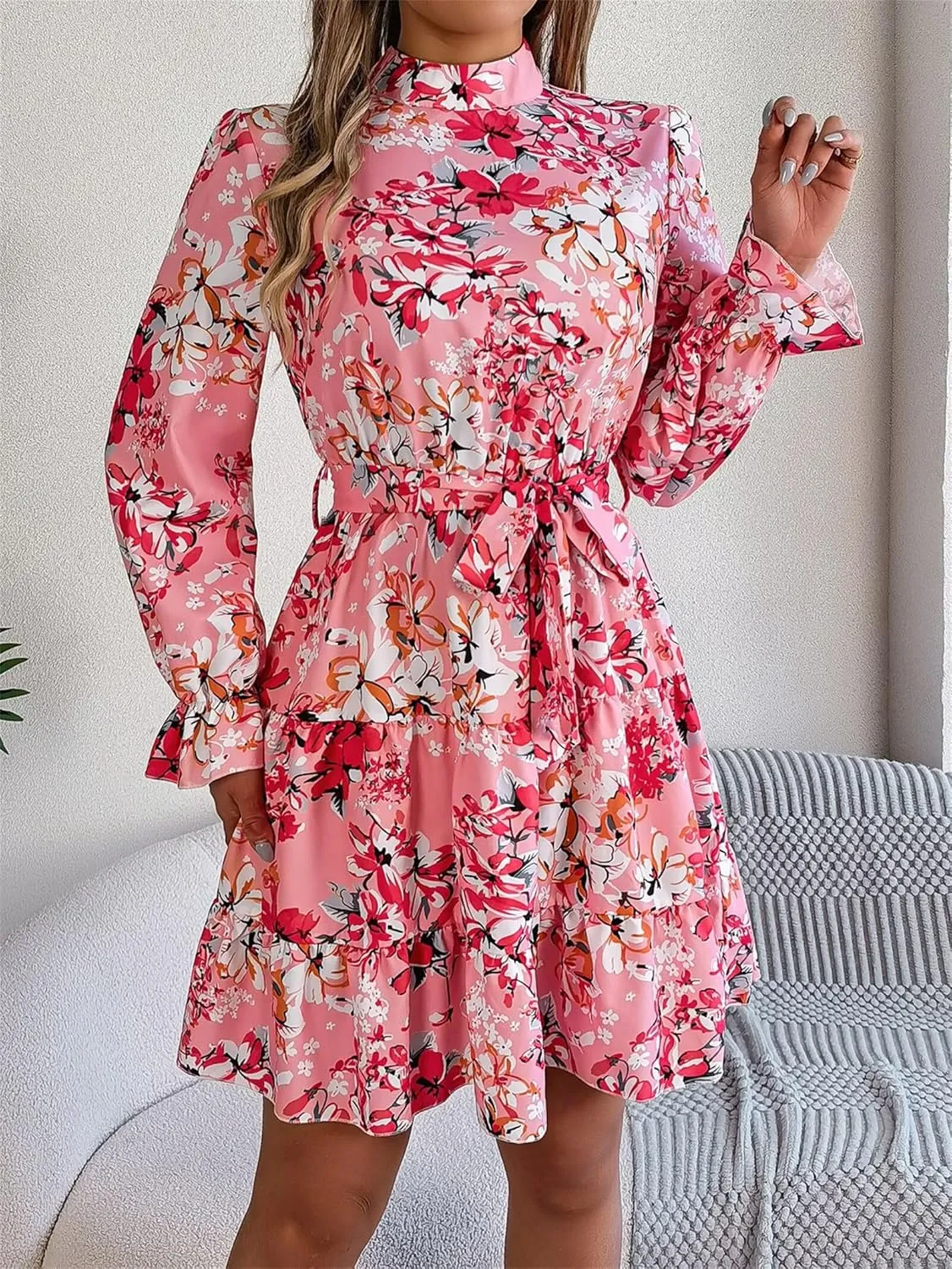 Women Fashion Summer Dress Casual Long Sleeve Flowy Dress Boho Floral Mini Dress Elegant Cocktail Dress Beach Dress