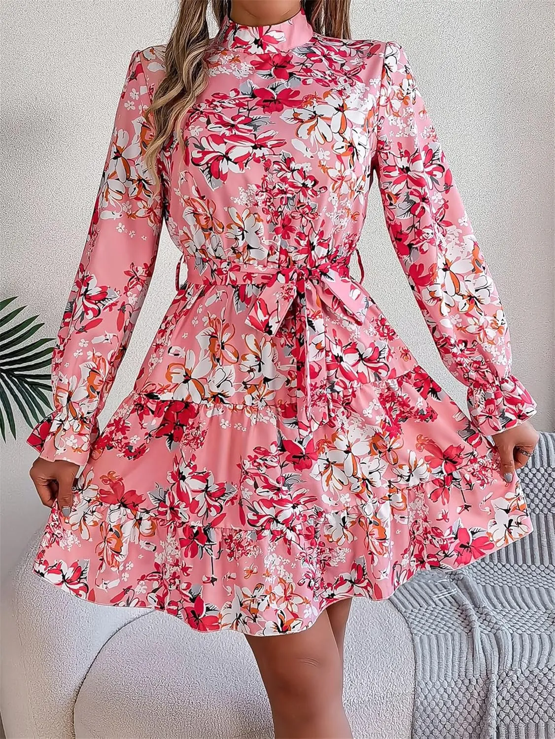 Women Fashion Summer Dress Casual Long Sleeve Flowy Dress Boho Floral Mini Dress Elegant Cocktail Dress Beach Dress