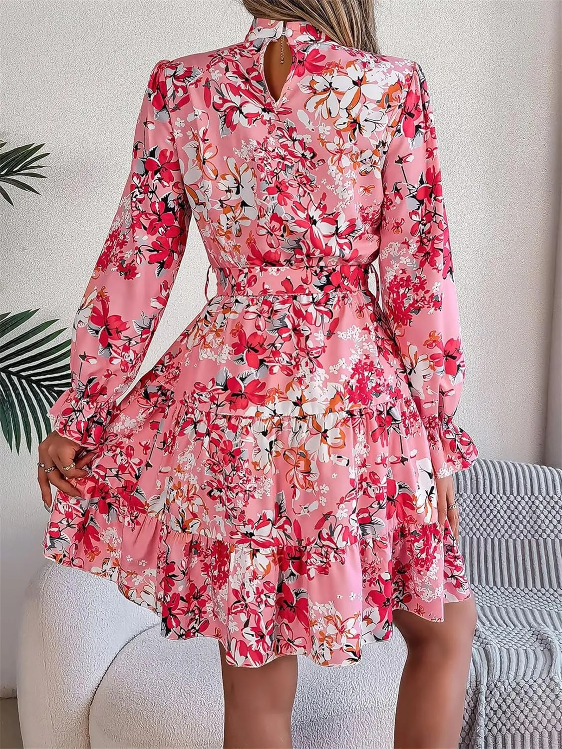 Women Fashion Summer Dress Casual Long Sleeve Flowy Dress Boho Floral Mini Dress Elegant Cocktail Dress Beach Dress