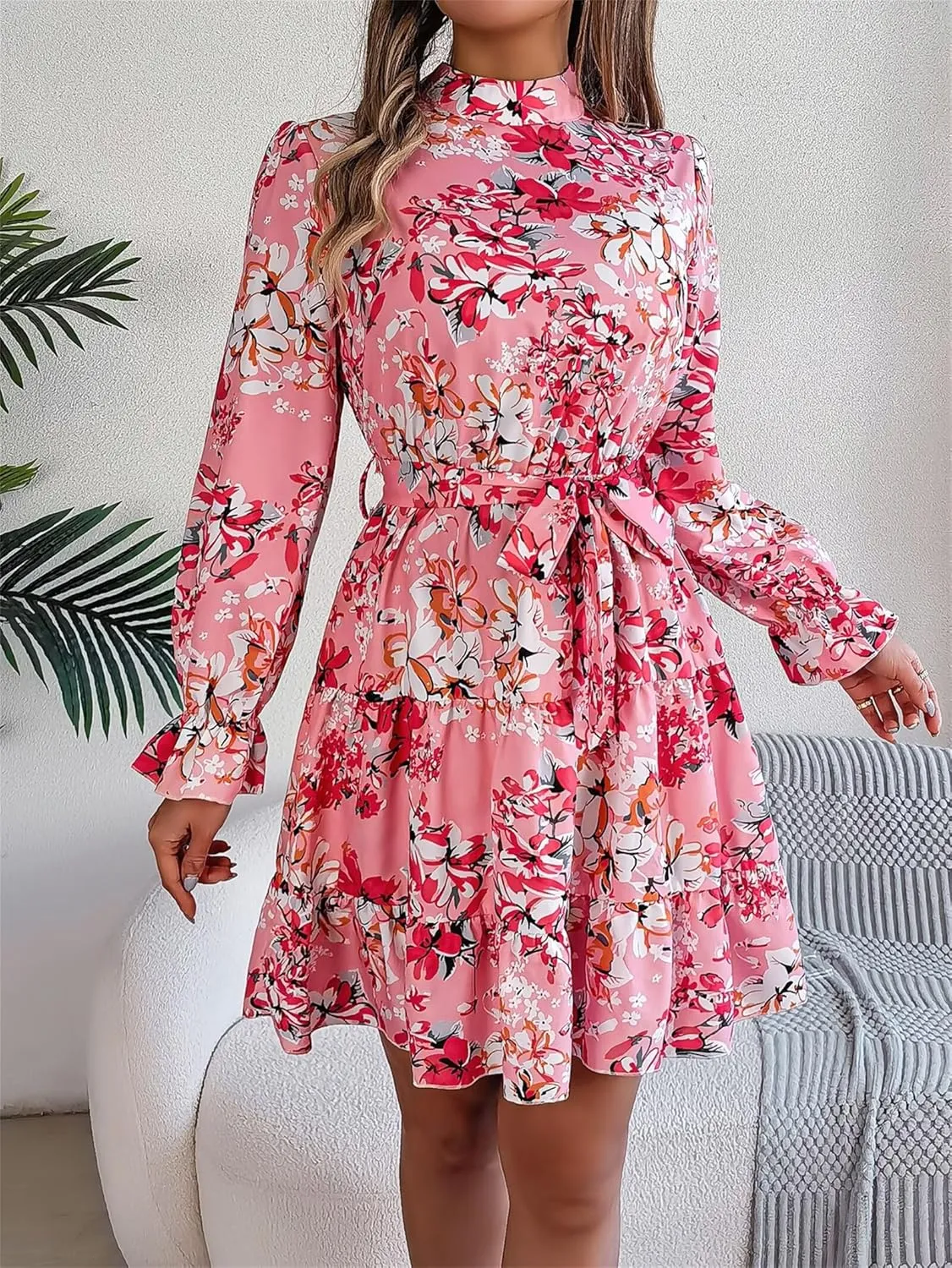 Women Fashion Summer Dress Casual Long Sleeve Flowy Dress Boho Floral Mini Dress Elegant Cocktail Dress Beach Dress