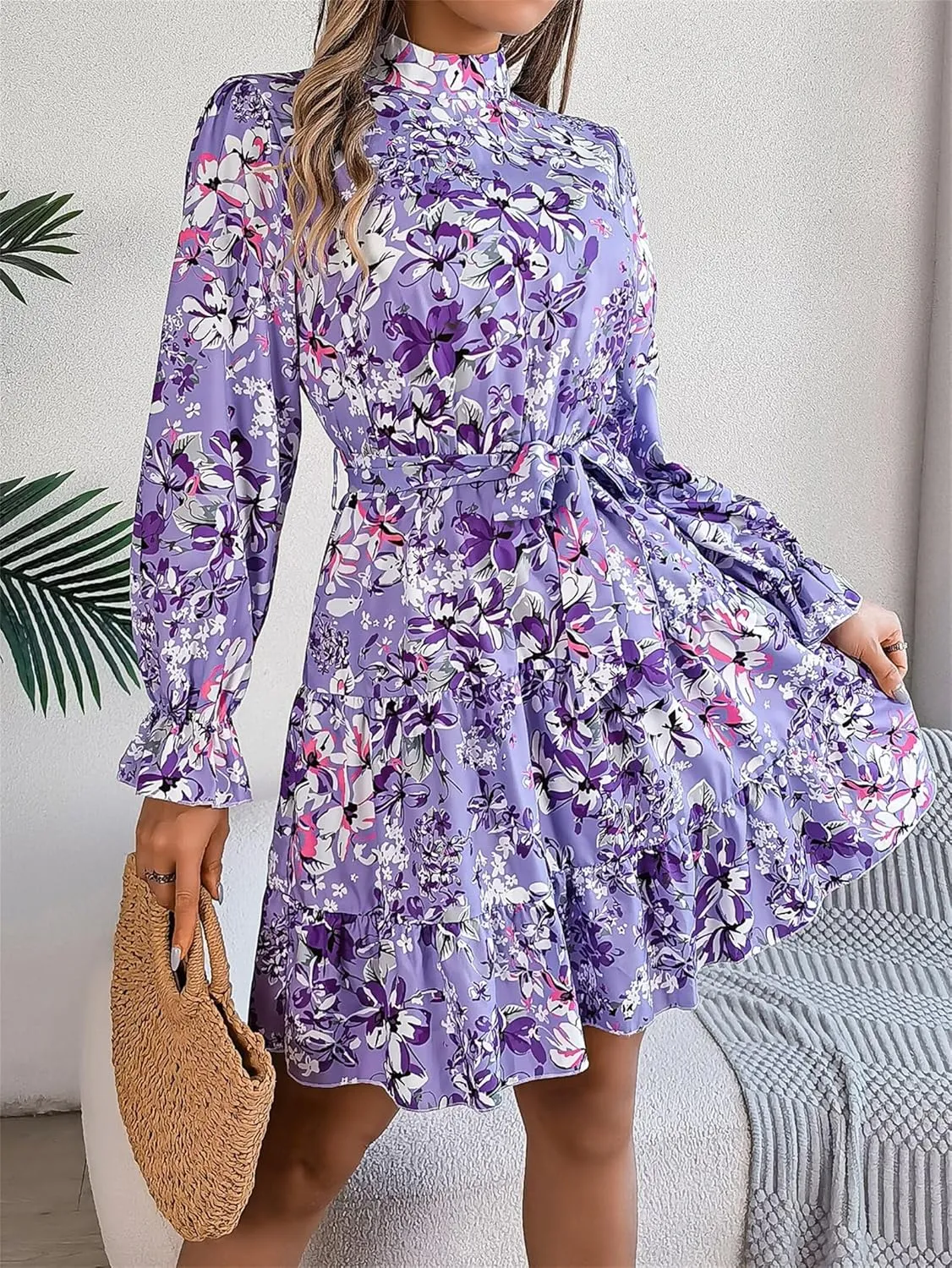 Women Fashion Summer Dress Casual Long Sleeve Flowy Dress Boho Floral Mini Dress Elegant Cocktail Dress Beach Dress