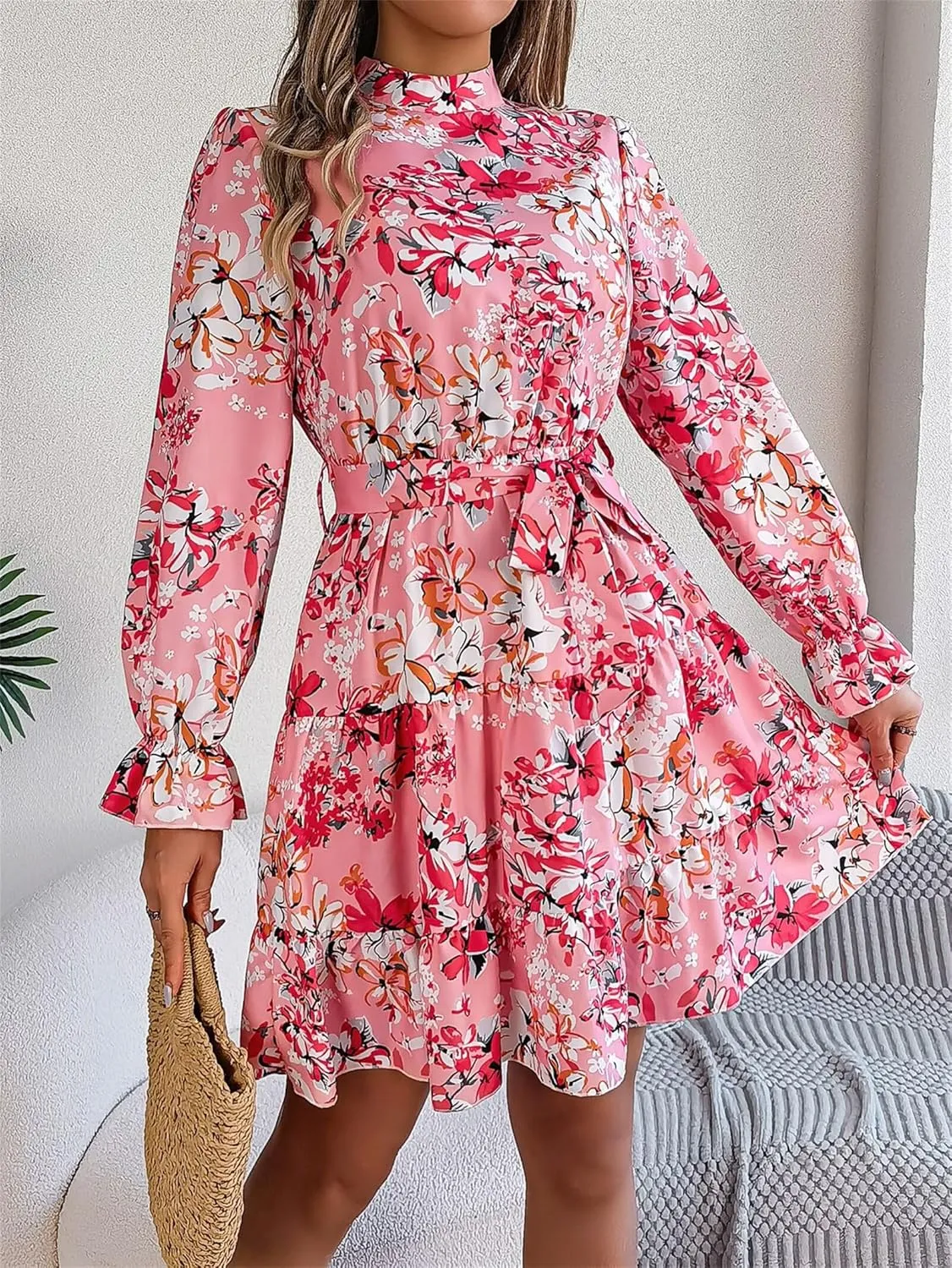 Women Fashion Summer Dress Casual Long Sleeve Flowy Dress Boho Floral Mini Dress Elegant Cocktail Dress Beach Dress