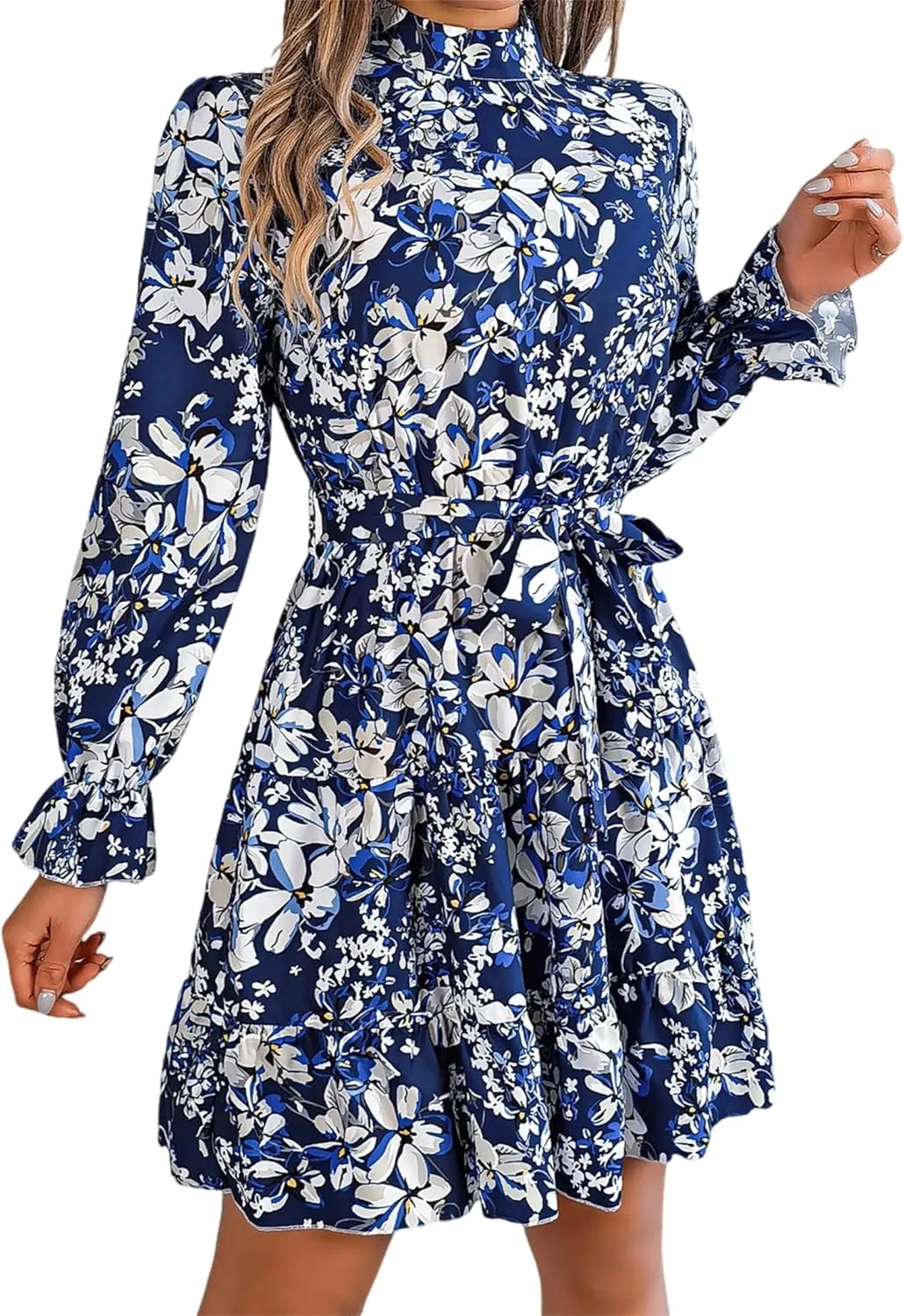 Women Fashion Summer Dress Casual Long Sleeve Flowy Dress Boho Floral Mini Dress Elegant Cocktail Dress Beach Dress
