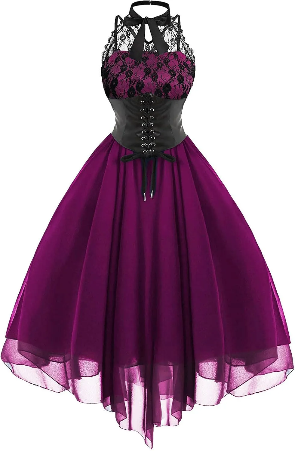 Women Gothic Sexy Dress Lace Panel Chiffon Dress Sexy Banquet Evening Dresses Goth Style Lace Halter Dress Swing Dress