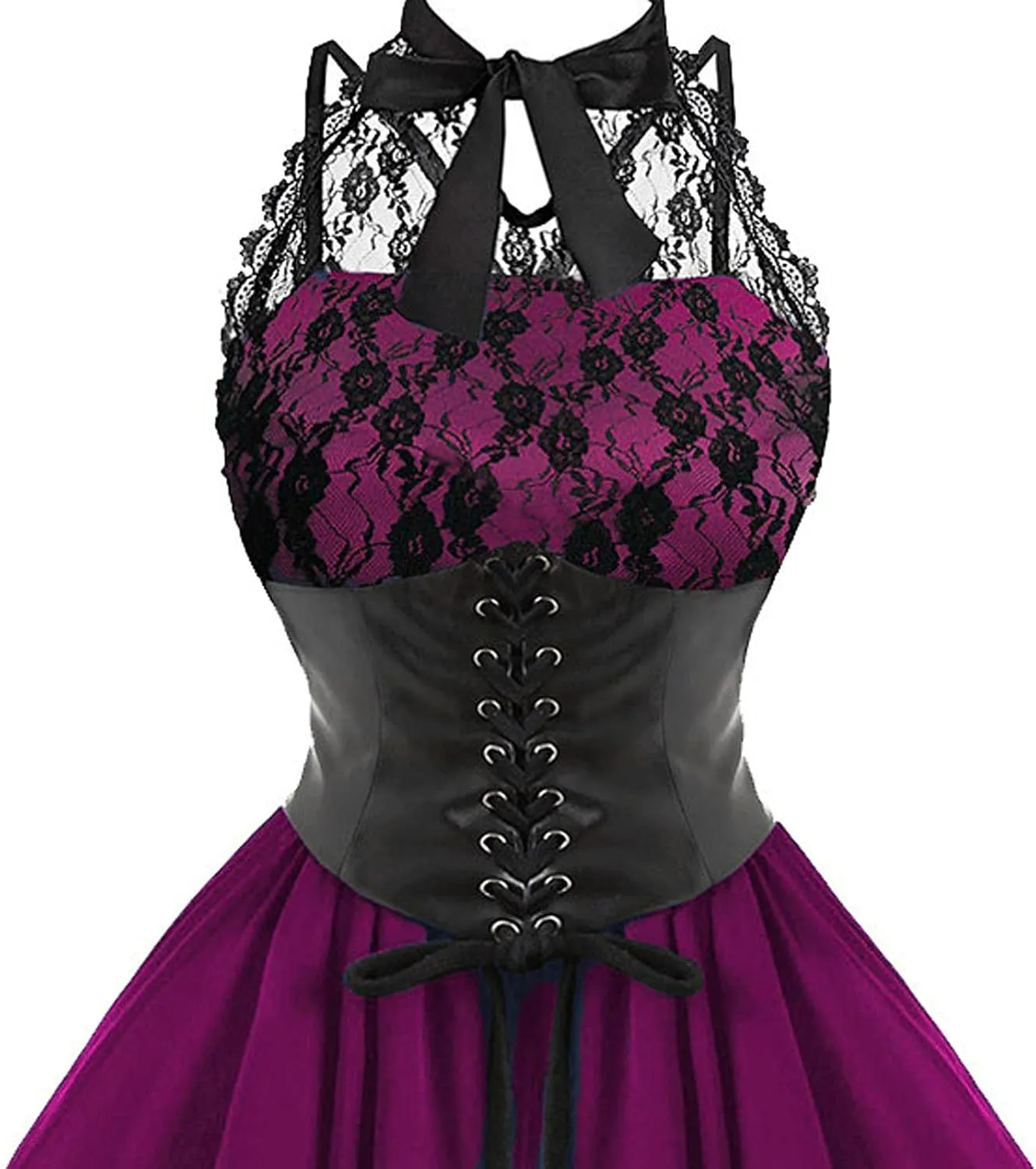 Women Gothic Sexy Dress Lace Panel Chiffon Dress Sexy Banquet Evening Dresses Goth Style Lace Halter Dress Swing Dress