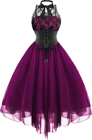 Women Gothic Sexy Dress Lace Panel Chiffon Dress Sexy Banquet Evening Dresses Goth Style Lace Halter Dress Swing Dress