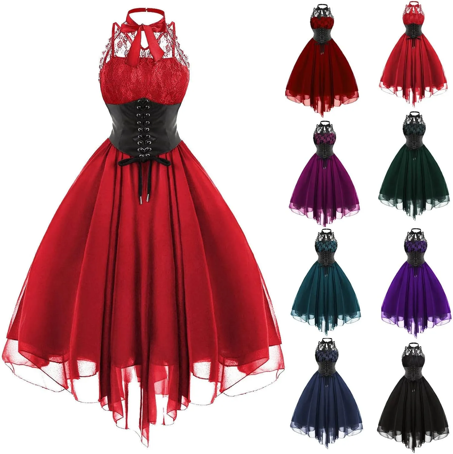 Women Gothic Sexy Dress Lace Panel Chiffon Dress Sexy Banquet Evening Dresses Goth Style Lace Halter Dress Swing Dress