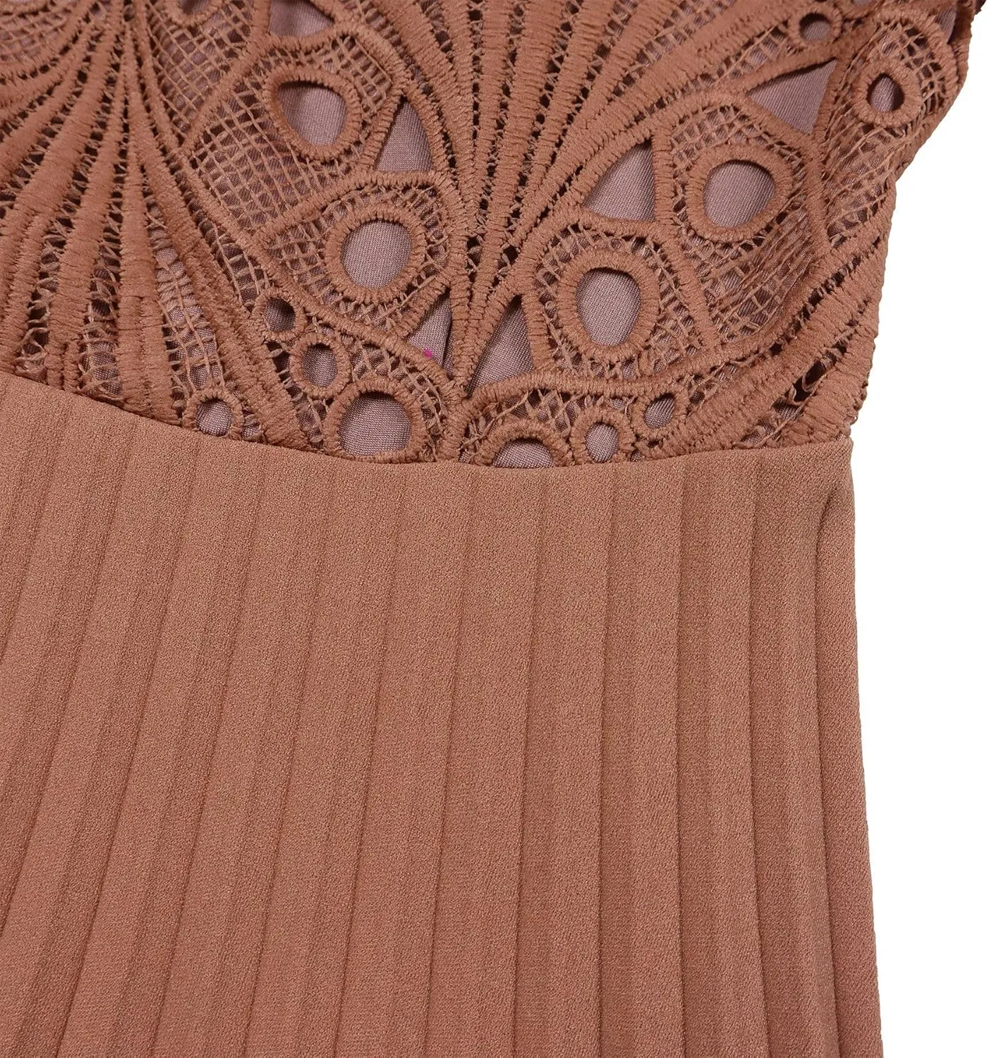 Women Lace Pleated Dress Crochet Floral Lace Solid Dress Puff Sleeve Mid-Calf Short Sleeve Midi Dress Hollow Dress