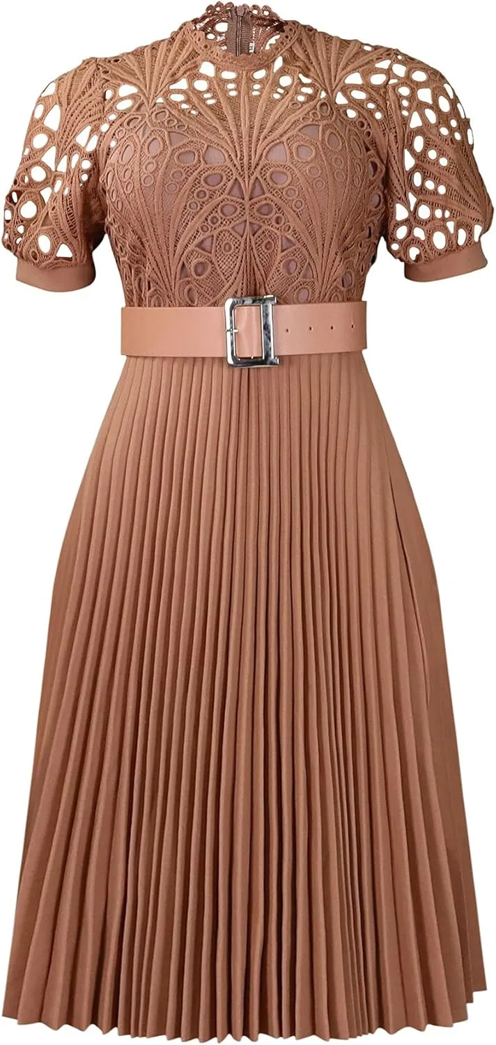 Women Lace Pleated Dress Crochet Floral Lace Solid Dress Puff Sleeve Mid-Calf Short Sleeve Midi Dress Hollow Dress