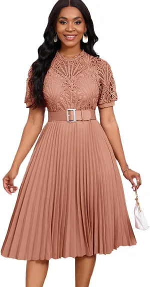 Women Lace Pleated Dress Crochet Floral Lace Solid Dress Puff Sleeve Mid-Calf Short Sleeve Midi Dress Hollow Dress