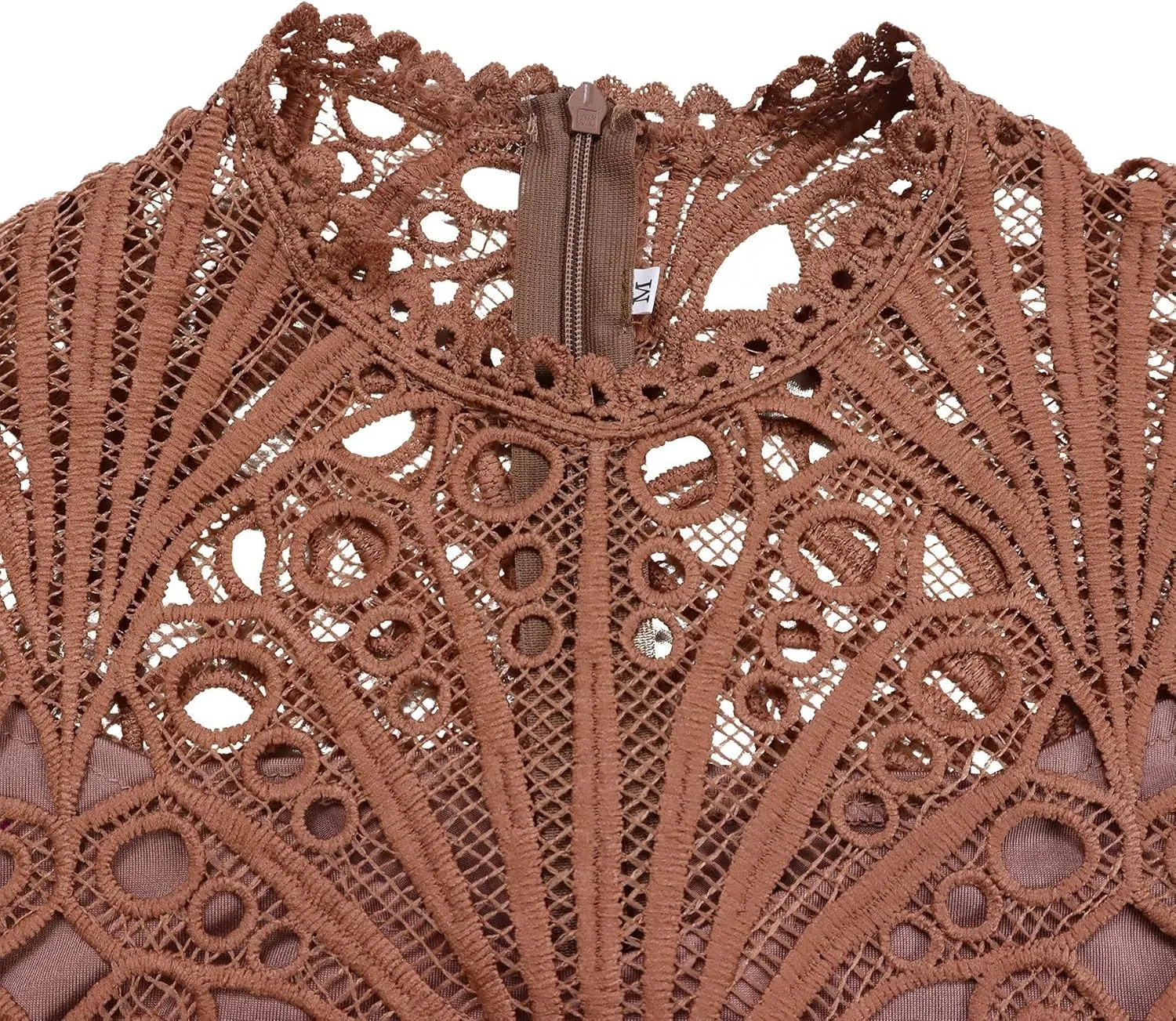 Women Lace Pleated Dress Crochet Floral Lace Solid Dress Puff Sleeve Mid-Calf Short Sleeve Midi Dress Hollow Dress