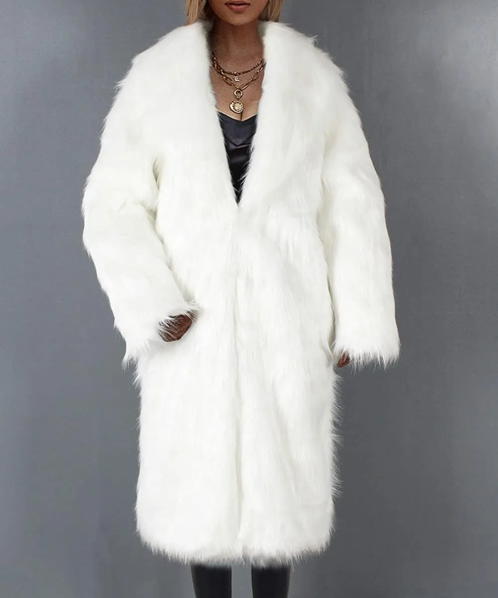 Women Ladies Fluffy Overcoat Warm Faux Furry Jackets Winter Coats Fur Turn Down Collar Medium Long Outerwear