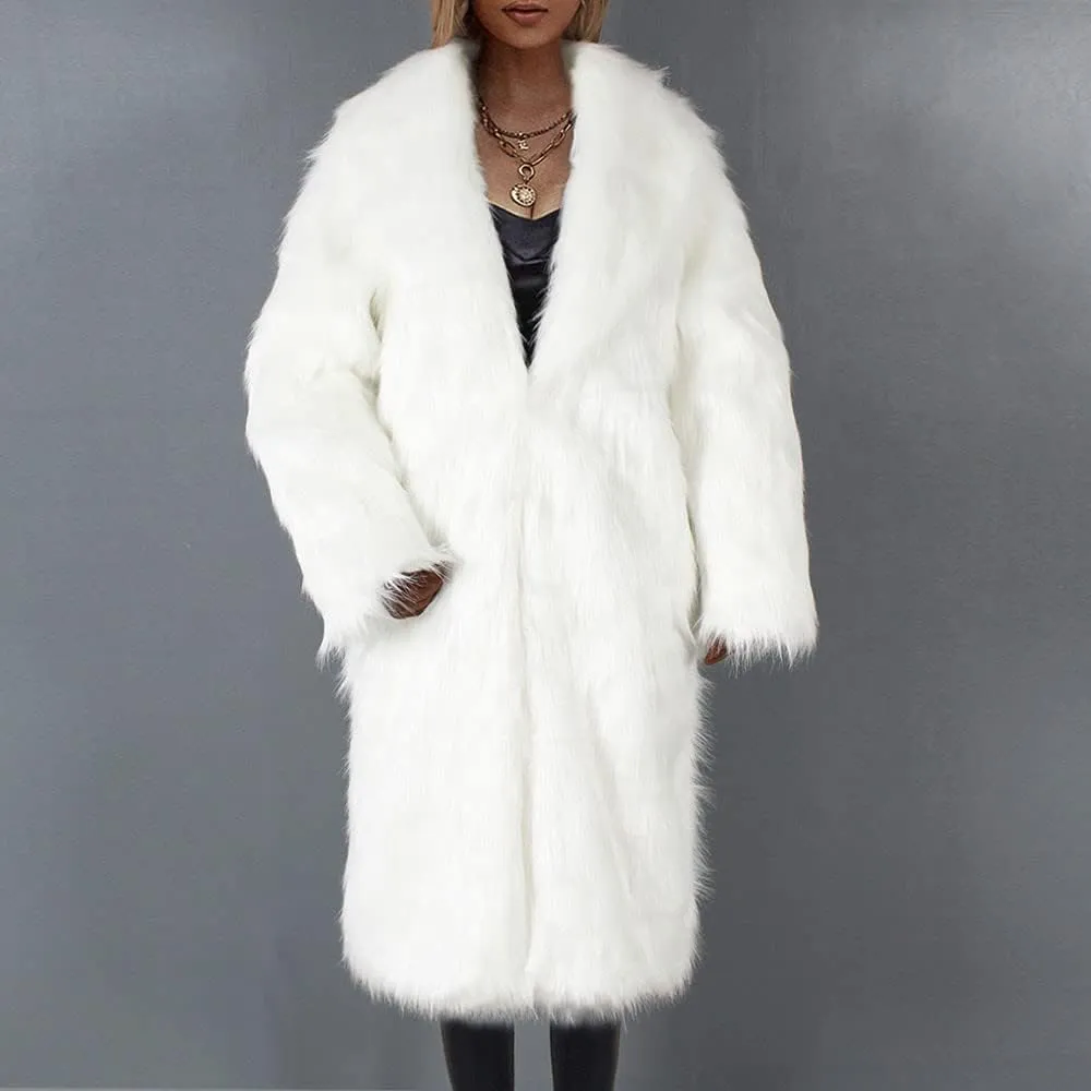 Women Ladies Fluffy Overcoat Warm Faux Furry Jackets Winter Coats Fur Turn Down Collar Medium Long Outerwear