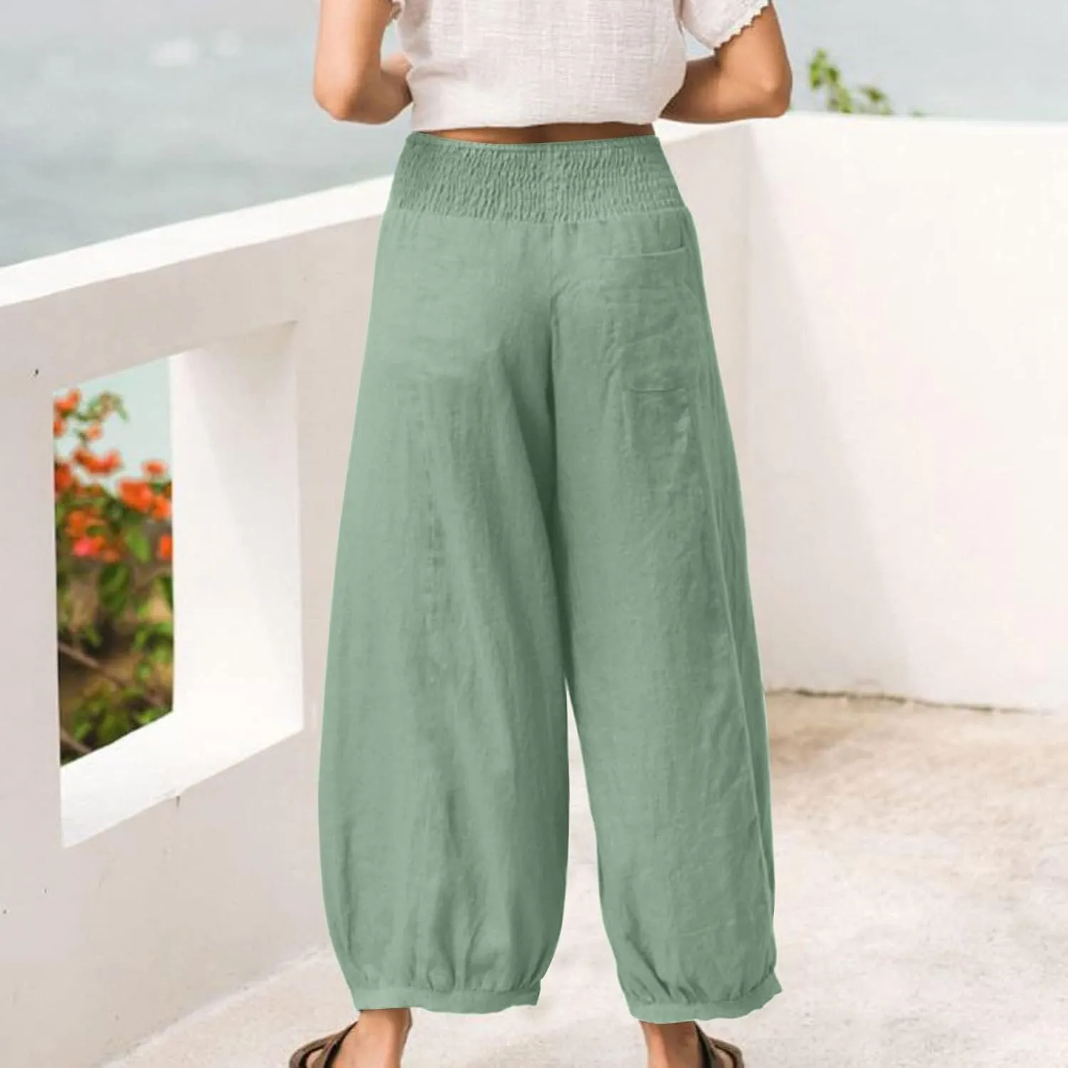 Women Linen Pants Summer Wide Leg High Waisted Loose Fit Pants Baggy Harem Palazzo Pant Beach Trousers with Pockets