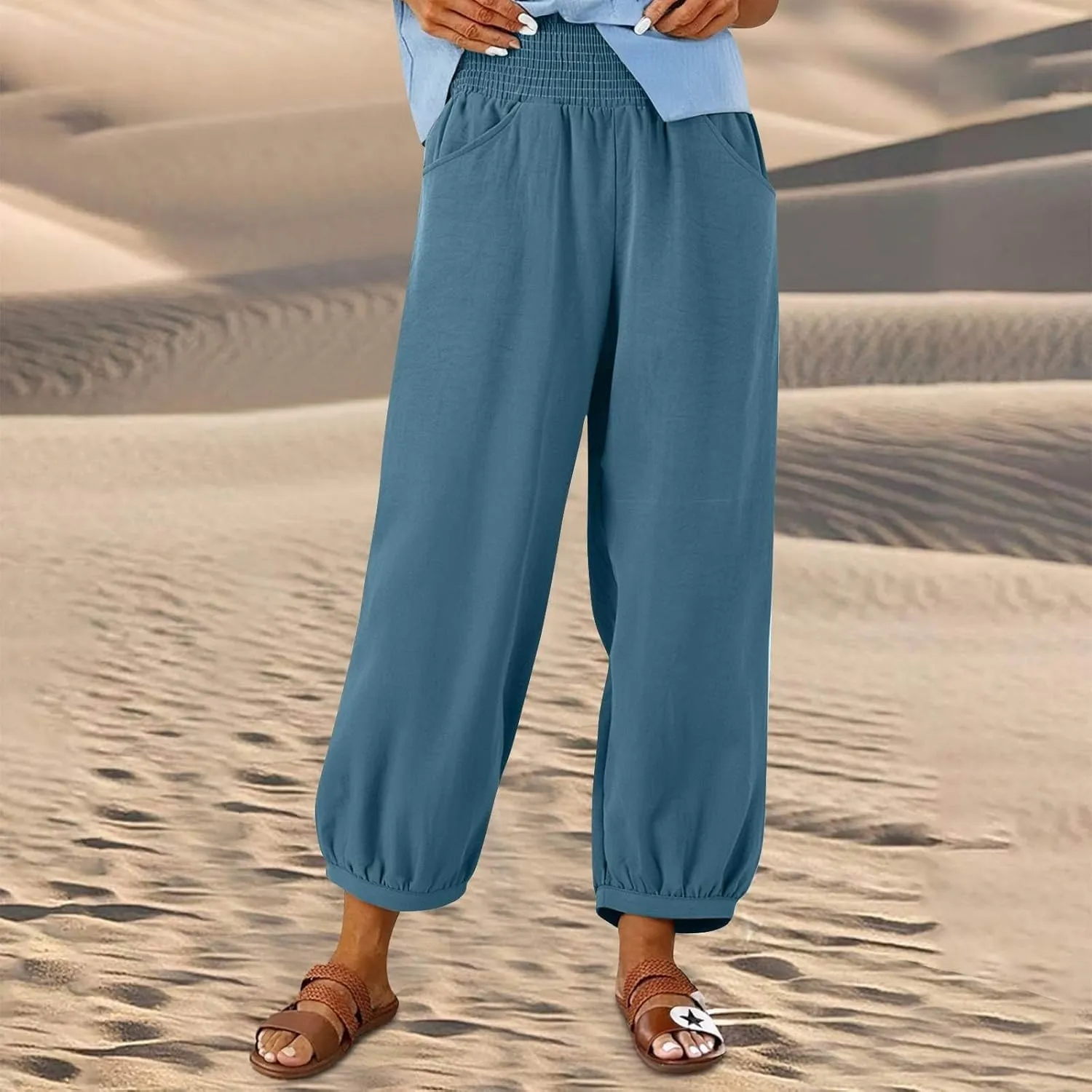 Women Linen Pants Summer Wide Leg High Waisted Loose Fit Pants Baggy Harem Palazzo Pant Beach Trousers with Pockets