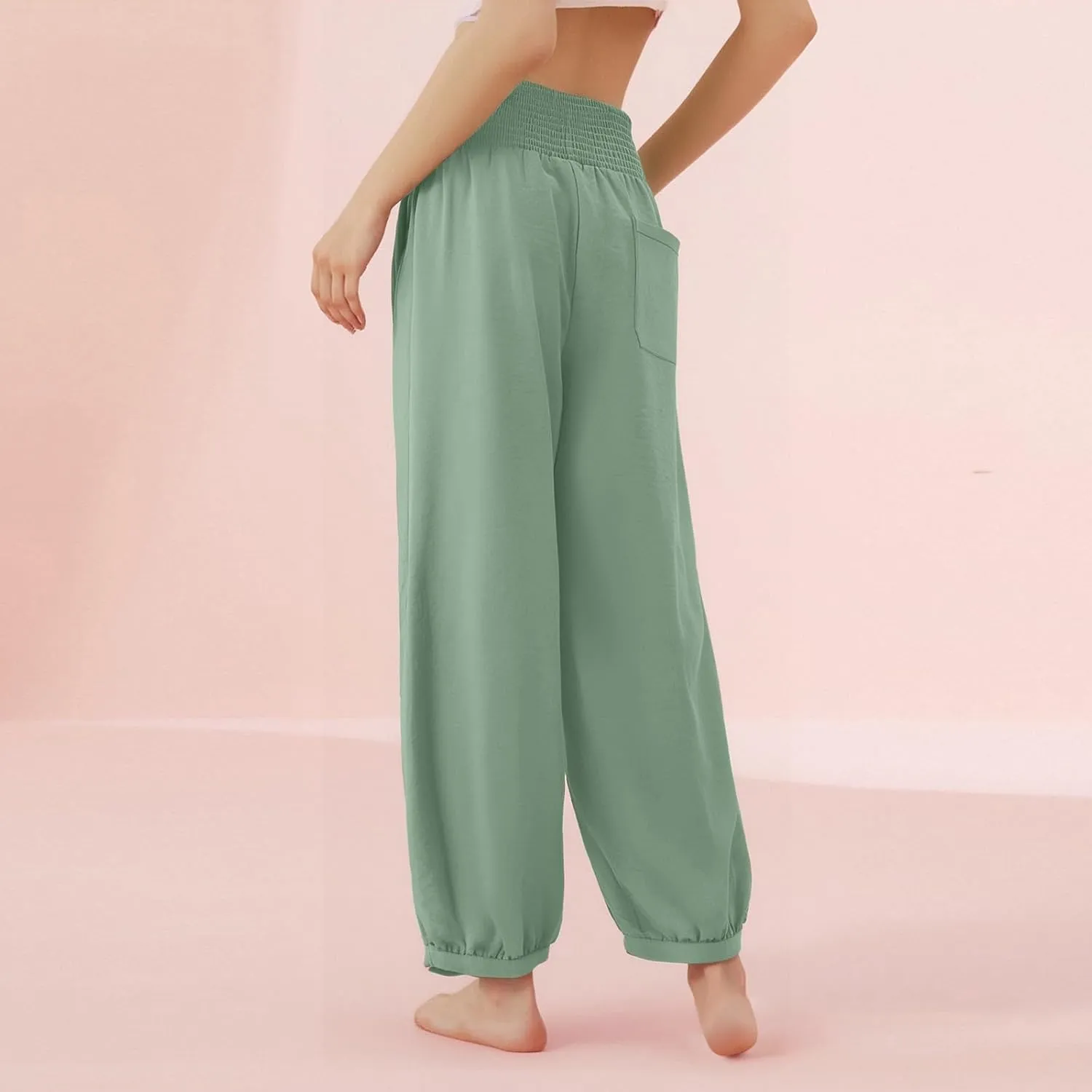Women Linen Pants Summer Wide Leg High Waisted Loose Fit Pants Baggy Harem Palazzo Pant Beach Trousers with Pockets