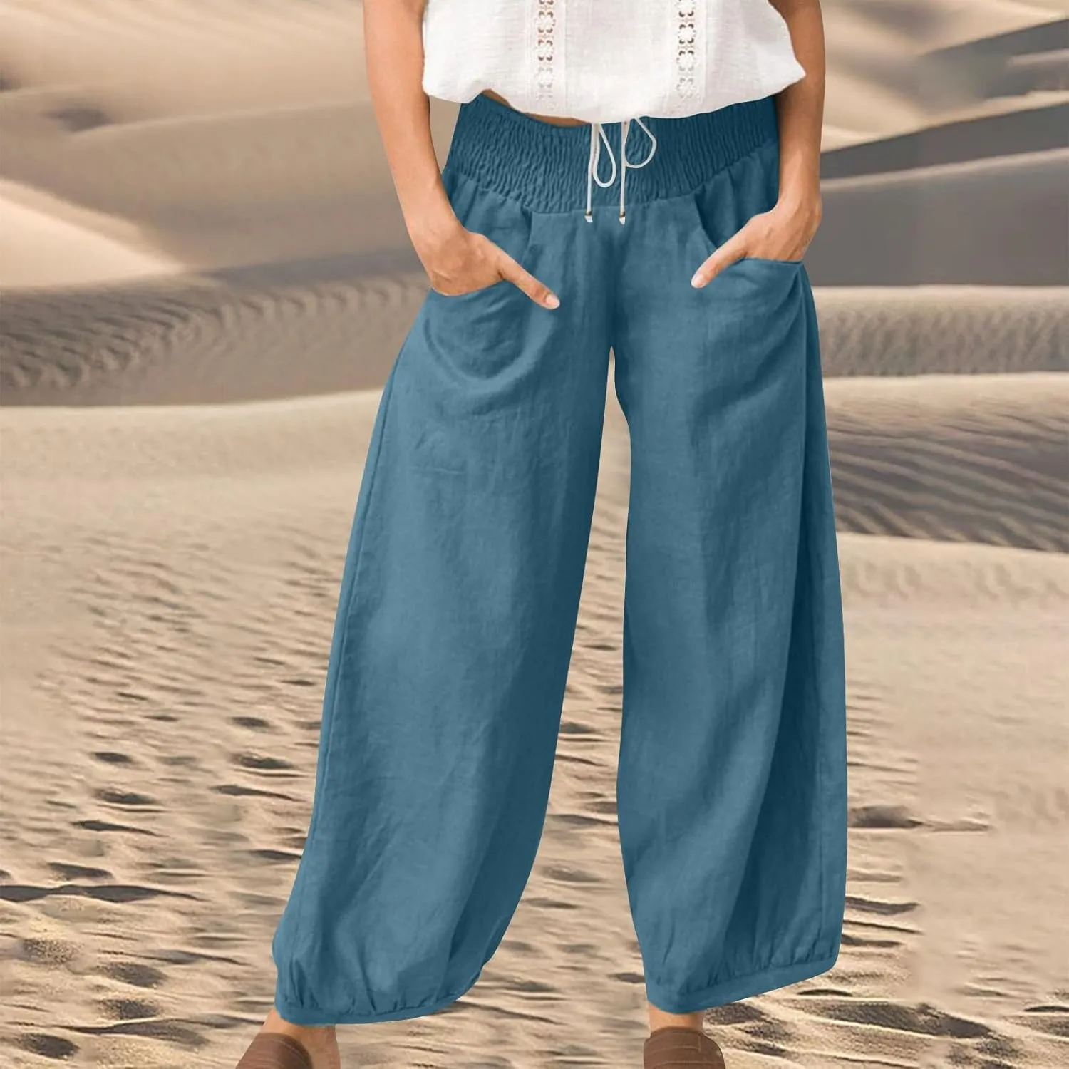 Women Linen Pants Summer Wide Leg High Waisted Loose Fit Pants Baggy Harem Palazzo Pant Beach Trousers with Pockets