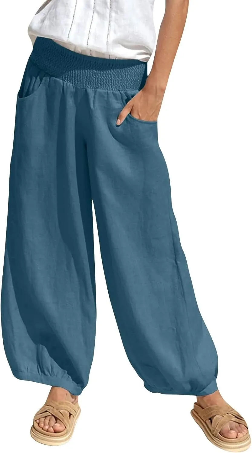 Women Linen Pants Summer Wide Leg High Waisted Loose Fit Pants Baggy Harem Palazzo Pant Beach Trousers with Pockets