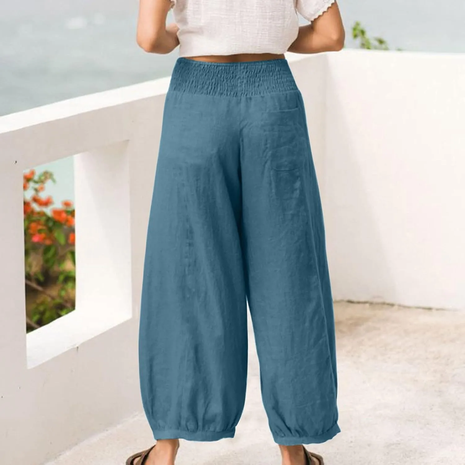 Women Linen Pants Summer Wide Leg High Waisted Loose Fit Pants Baggy Harem Palazzo Pant Beach Trousers with Pockets