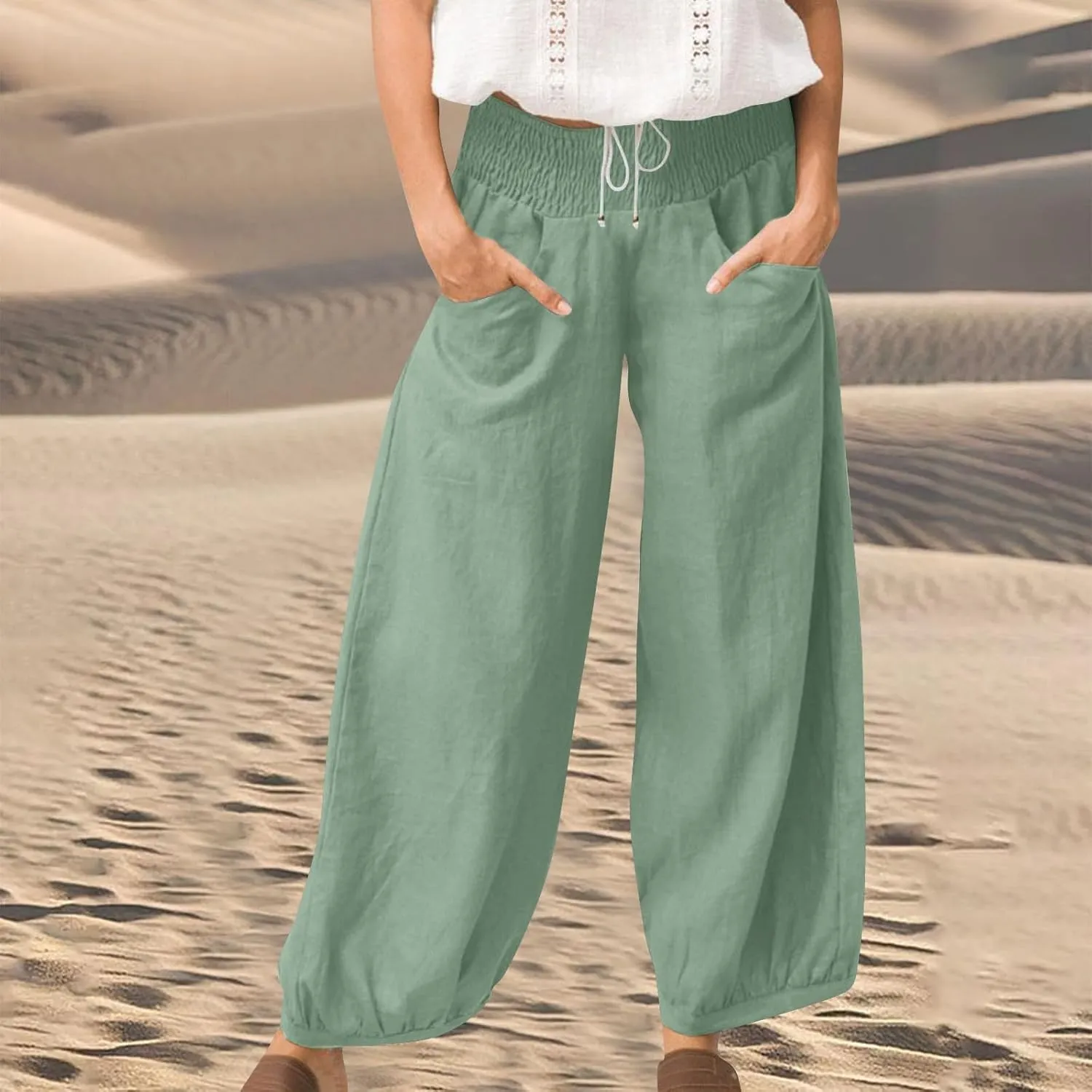 Women Linen Pants Summer Wide Leg High Waisted Loose Fit Pants Baggy Harem Palazzo Pant Beach Trousers with Pockets