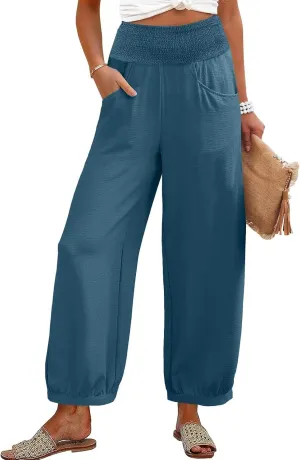 Women Linen Pants Summer Wide Leg High Waisted Loose Fit Pants Baggy Harem Palazzo Pant Beach Trousers with Pockets